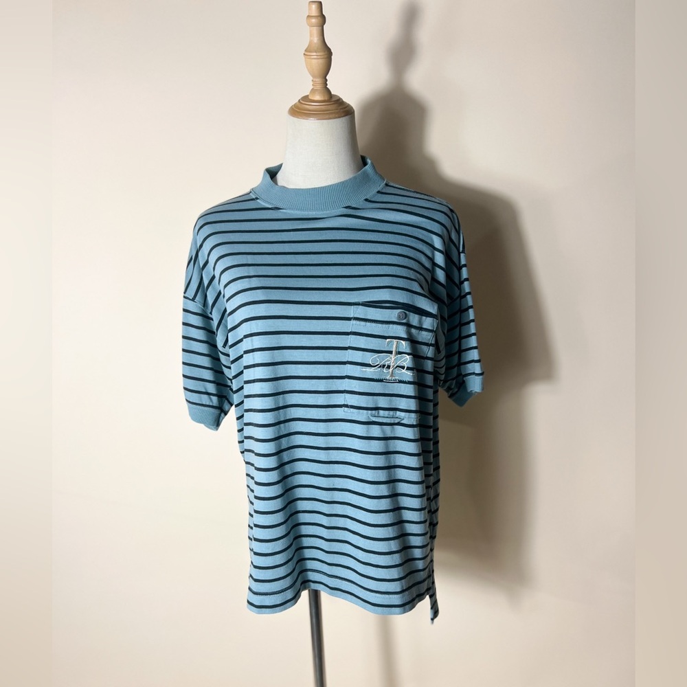 VINTAGE 90s Traders Bay Oversized Collar Crewneck Blue Stripe T-Shirt